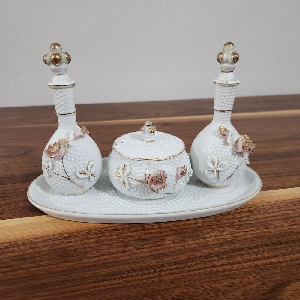 Vintage Japan Porcelain Porcelain Dresser Jewelry Perfume Vanity Set With Tray